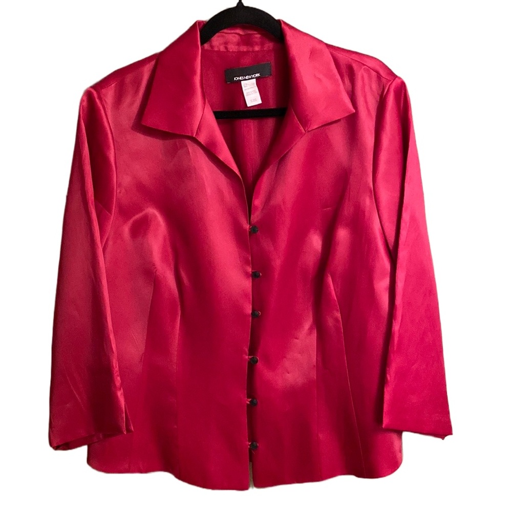 NWOT ♥️ Jones New York 100% Silk Button-Down 3/4 Sleeve Lined Blouse Red 16